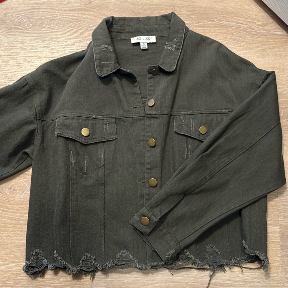 She + sky green denim cropped jacket